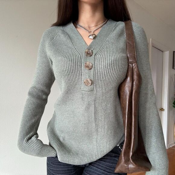 Casual knit ribbed neck minimalist soft sweater by Denver Hayes - Picture 1 of 5